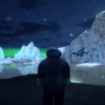 Man standing in northern lights in middle of screen