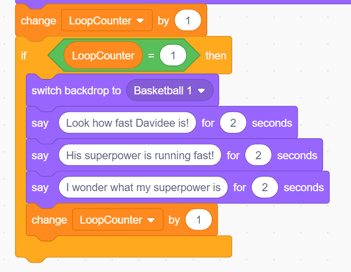 A loop say block being used in scratch code.