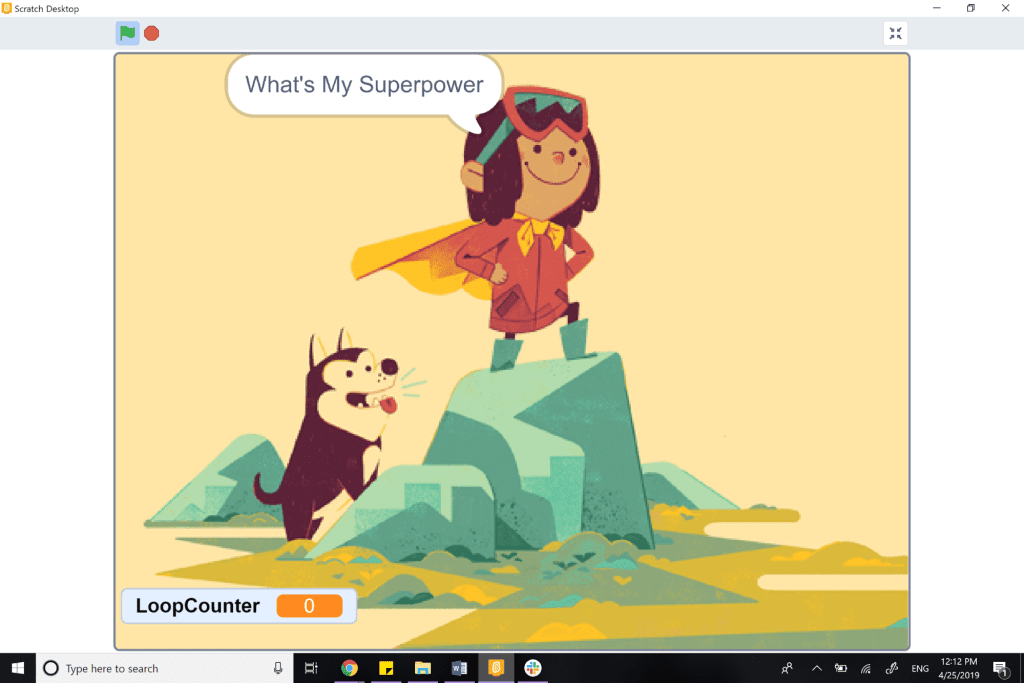 What's my Superpower illustration with LoopCounter at 0 in Scratch.