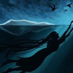 Fish woman dwelling in the shadows beneath blue ice, based on the work of interactive fiction by Bravemule