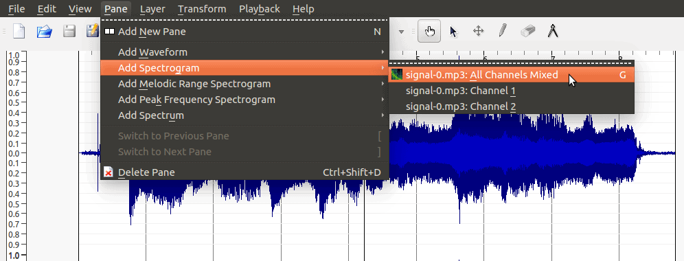A screenshot displaying the Add Spectrogram Pane action in sonic visualizer.