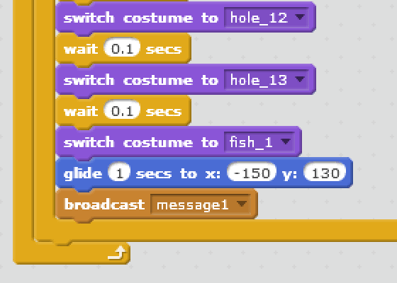 Block of code that will set variable score to 0 and then increase score variable by 1, wait 3 seconds when sprite is touching the Fish3 sprite.
