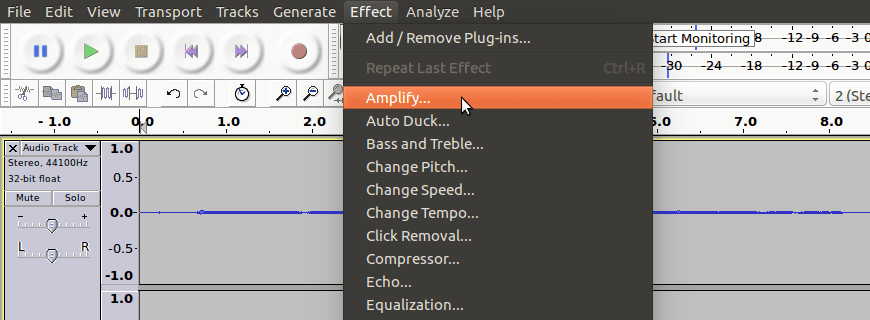 An image showing the amplify being selected from the effect menu.