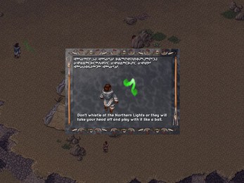 Screenshot of an Inuit Myth found in the 'Night' map. "Don't whistle at the Northern Lights or they will take your head off and play with it like a ball' 