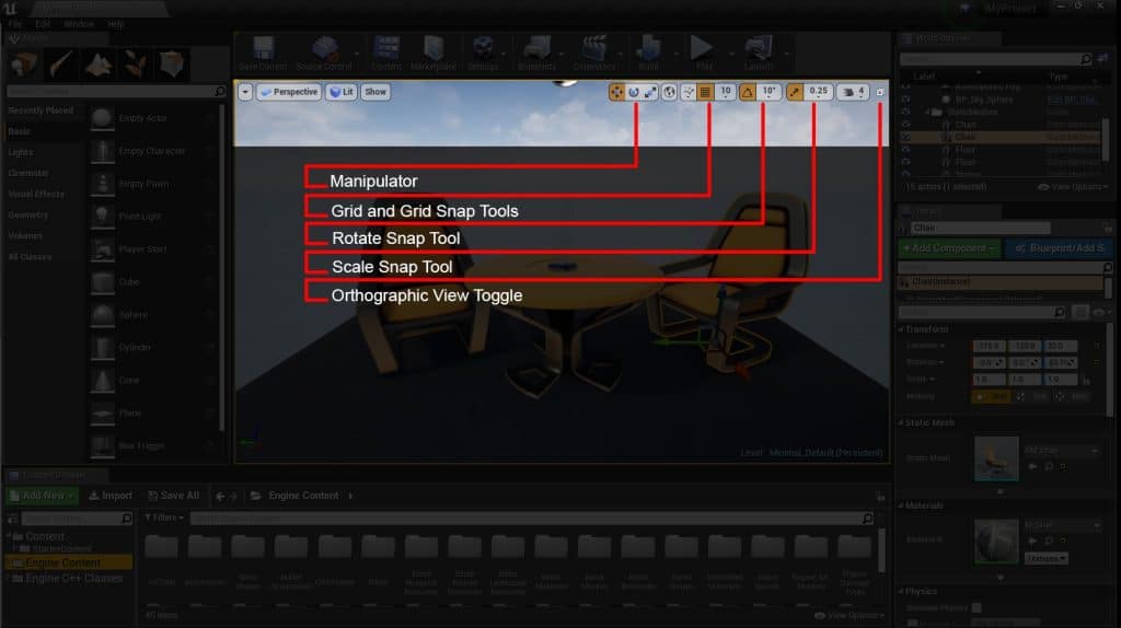 Identifications of options menu including the Manipulator, the Grid and Grid Snap Tools, the Rotate Snap Tool, the Scale Snap Tool and the Orthographic View Toggle 