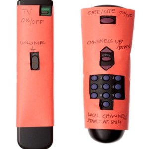 A simplified remote control with buttons that aren't required covered up.