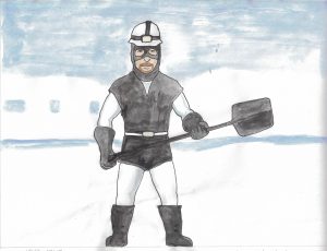 Drawing of a man holding a shovel in snow by Andrew Kannik