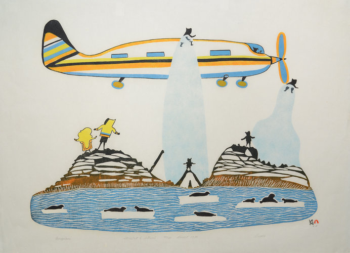 indigenous artwork of a plane and a people standing on land
