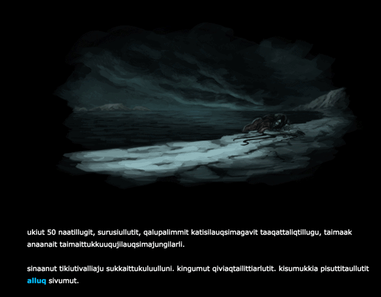 a picture of a woman coming out of an ocean with inuktitut text below image