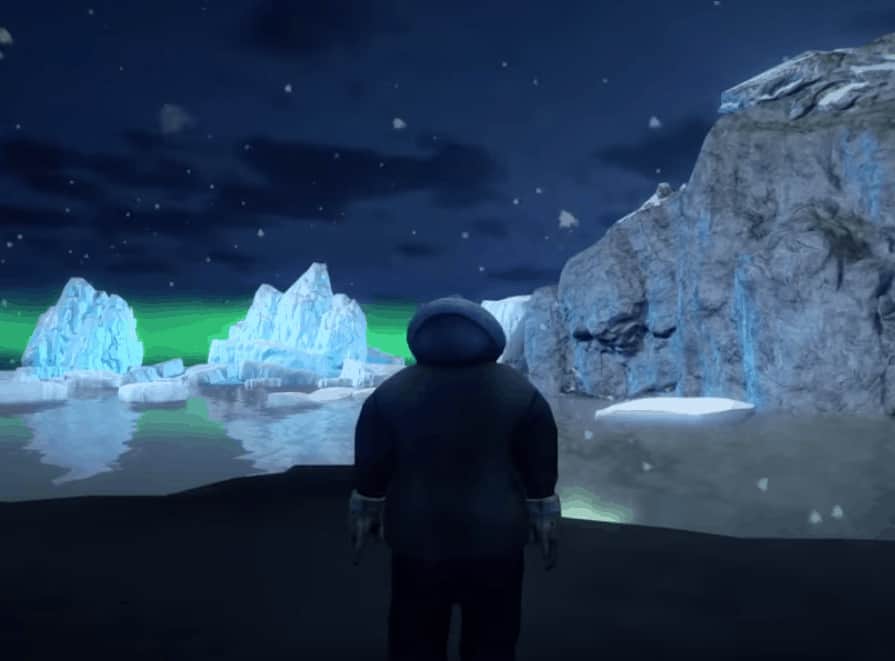 man standing in front of icebergs and northern lights