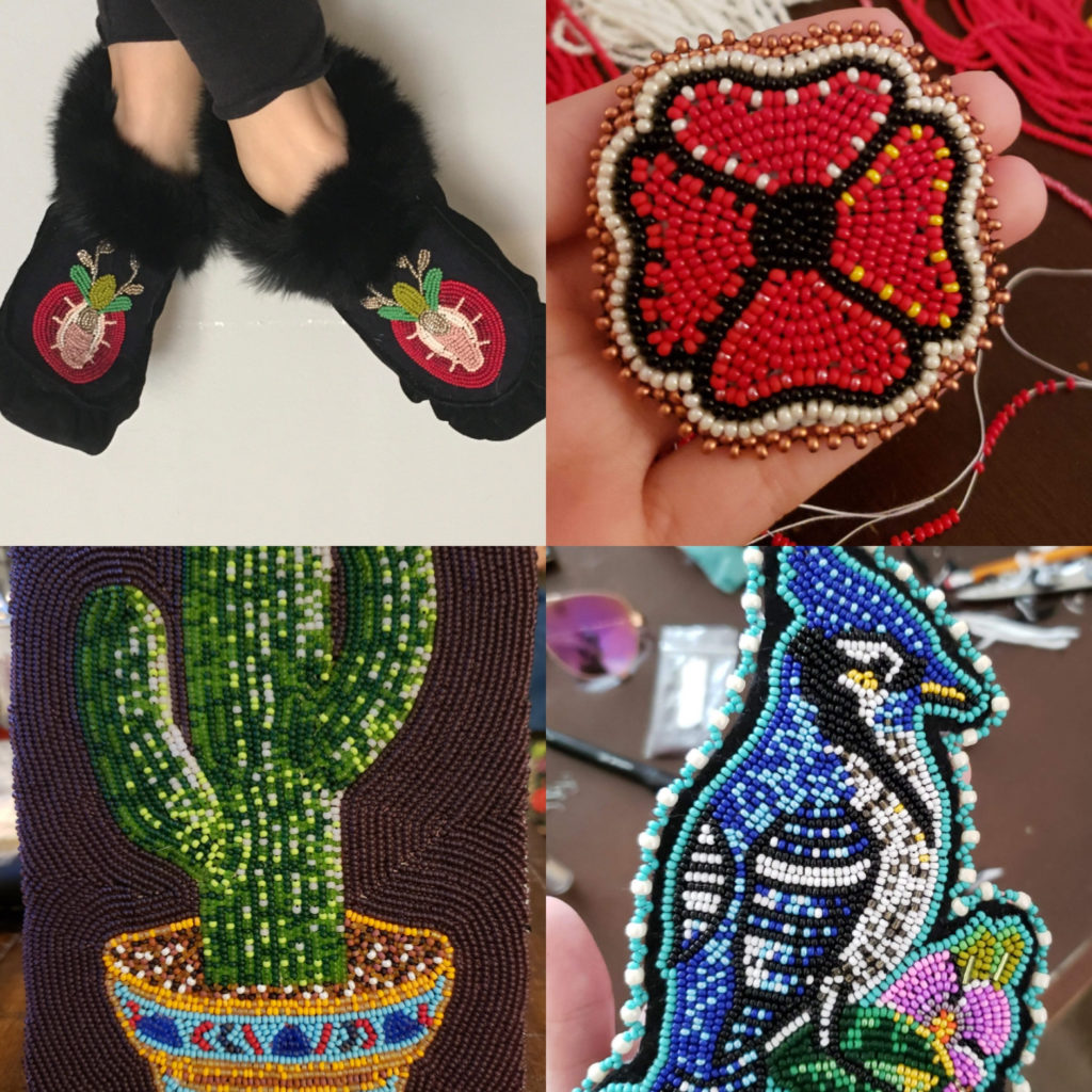 slippers, a poppy, a cactus, and a blue jay beaded 