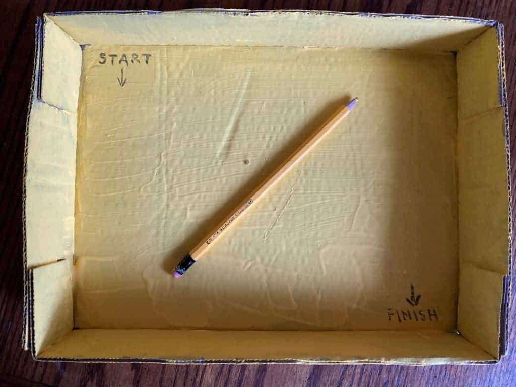 A yellow box with a pencil in it. Start and finish are written on the left and right corners.