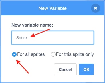 The make a new variable option opened, with score wrote in.