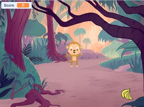 The new score variable is displayed in the top right hand corner, the background is set to the jungle and the monkey is displayed in the centre. 