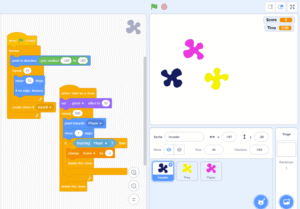 A screenshot of the Colour Hunt game being created in Scratch.