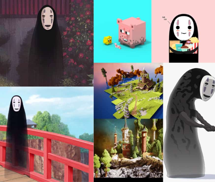 A mood board with images of No-Face and voxel art.