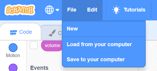 The drop down menu for Scratch's File menu.