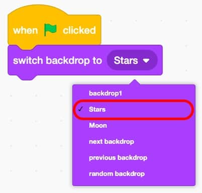 A drop down menu displaying options to switch a backdrop in Scratch. Stars is outlined in red.