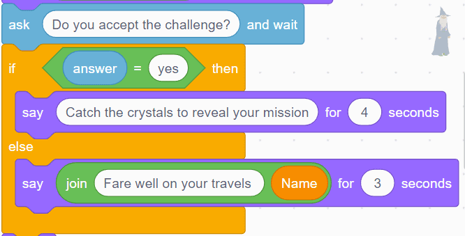 Code in Scratch that allows players to make a choice.