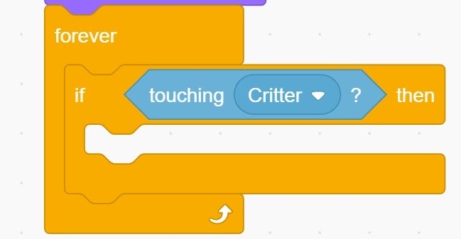 Scratch forever loop with if touching critter block added.