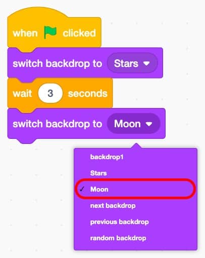 The Moon backdrop outlined in red in the switch backdrop block's drop down menu.