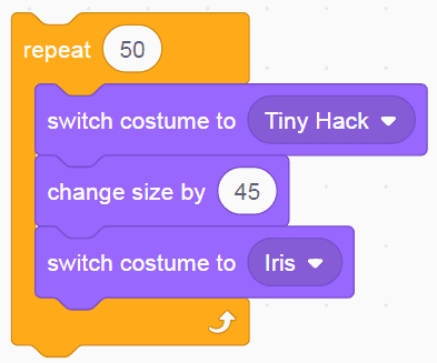 "Repeat 50, switch costume to Tiny Hack, change size by 45, switch costume to iris" blocks stacked in Scratch