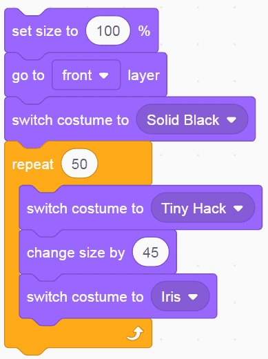 Block code in Scratch to change costumes to make a transition scene