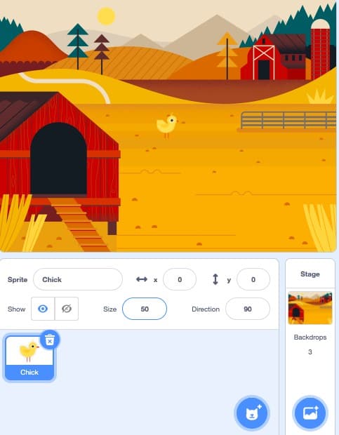 The Chick Sprite in Scratch against a Fall Barn background.
