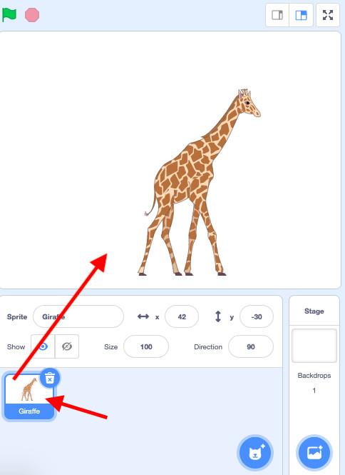 Giraffe sprite visible on the Scratch stage and Sprite Pane.