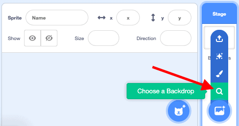 Red arrow pointing towards 'Choose a Backdrop' option located in the Stage menu.