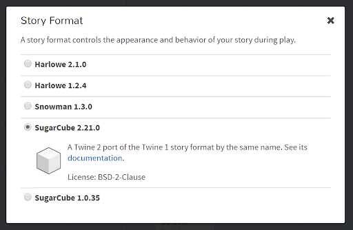 A screenshot of the Story Format selection menu in Twine. There are five formats to select from and SugarCube 2.21.0 is selected.