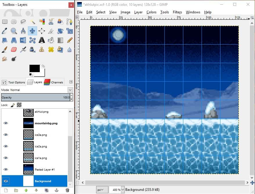 GIMP screenshot of all tiles dragged into place to form the background.