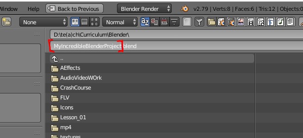 The save interface in Blender with the file name highlighted.