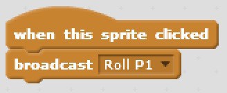 Scratch code blocks that broadcasts a message when the sprite is clicked.