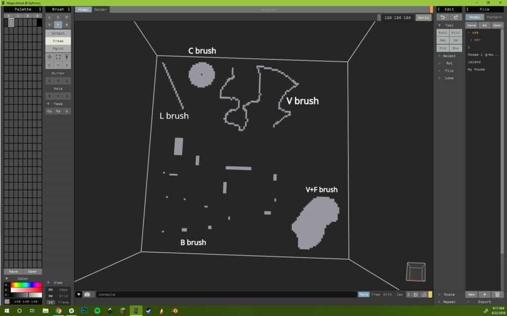 Demonstrations of all the brushes (located in the brush panel on the left-hand menu) that are in Magicavoxel and the shapes that can be created with them.