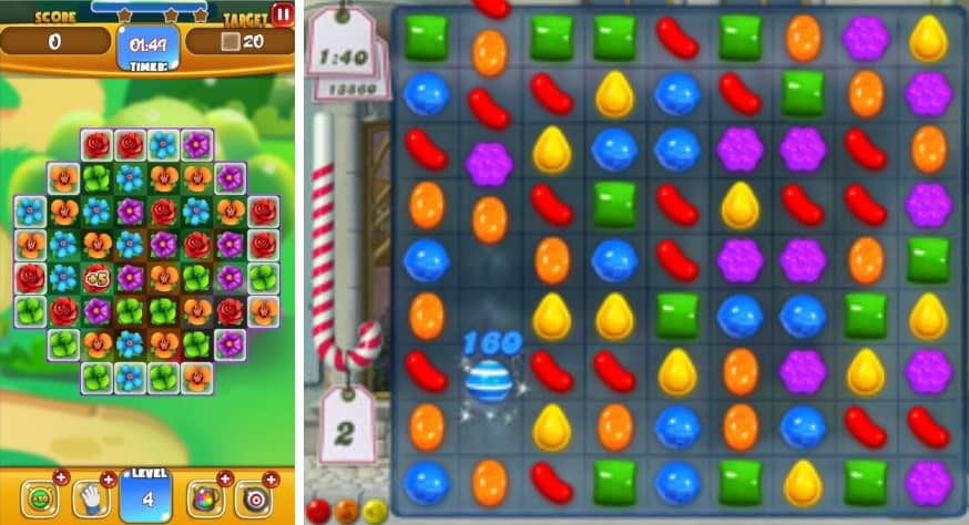 Two similar matching games with the left one using different coloured flowers and the right game using different candy and colour to match up.