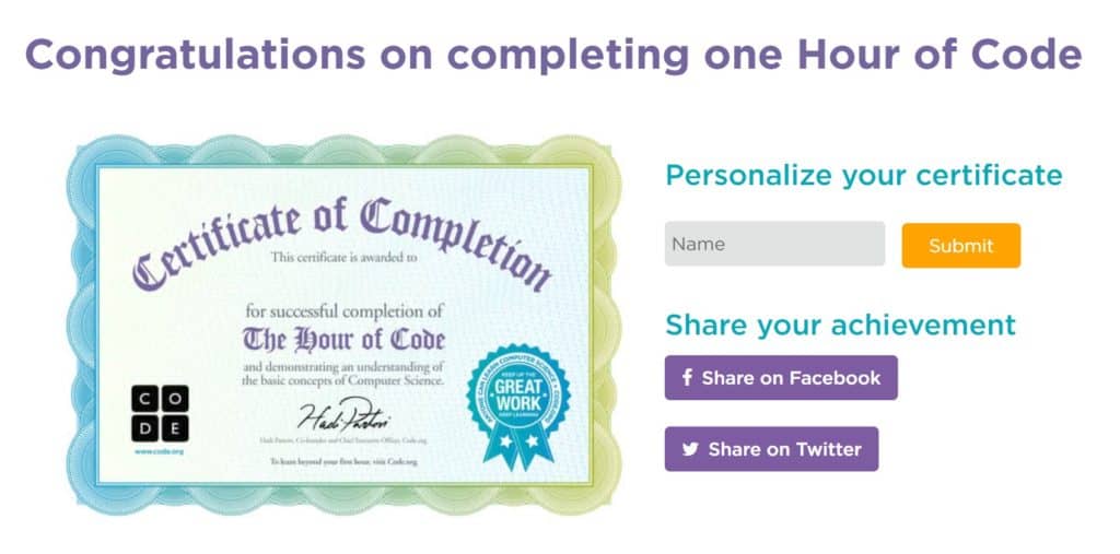 A sample Hour of Code certificate of completion.