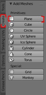 The create and plane settings highlighted in the Blender interface.
