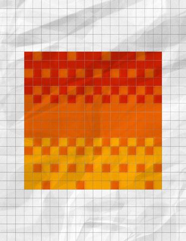 Example of dithering technique with the colours yellow, orange, and red created on graph paper.