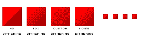 Four different examples of dithering using two shades of red.