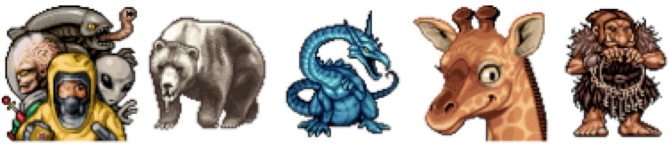 Pixel art examples of a bear, dragon, giraffe, and goblin.