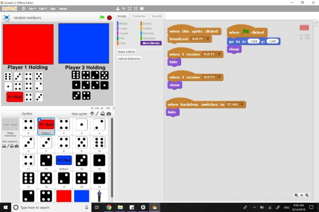 The completed Tenzi Dice game in Scratch.