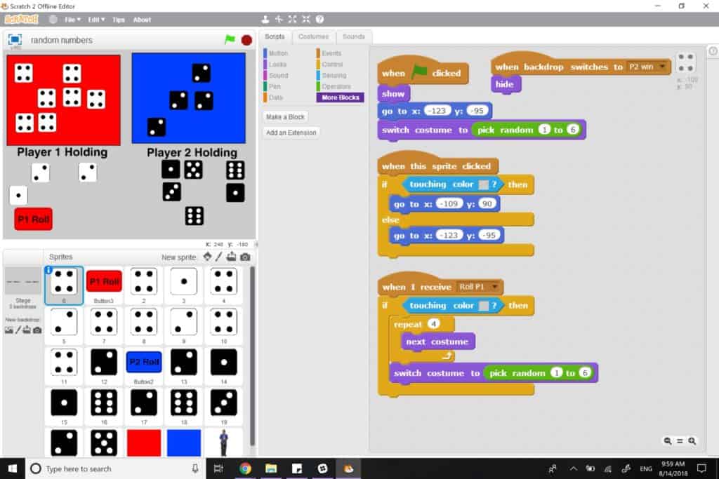The Tenzi Dice game being played in Scratch.