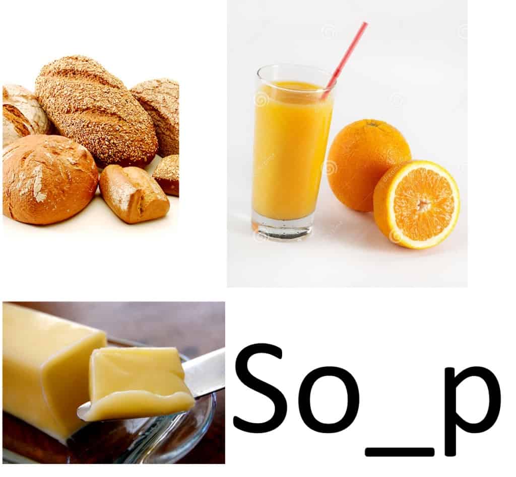 Three food items (bread, orange juice, and butter) accompanied by the characters S O _ P.