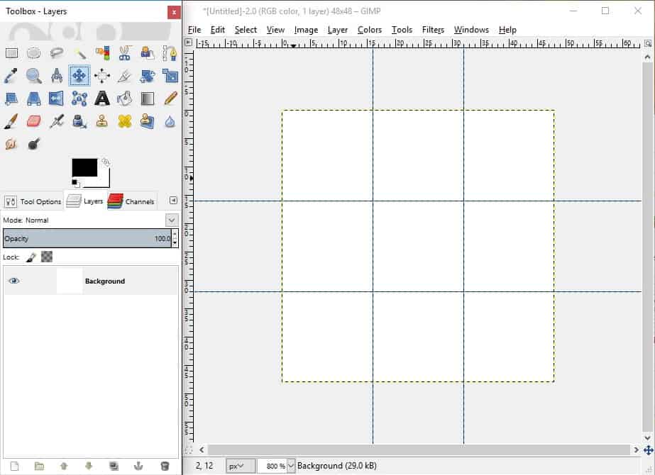 GIMP screenshot with vertical and horizontal guides added to canvas.