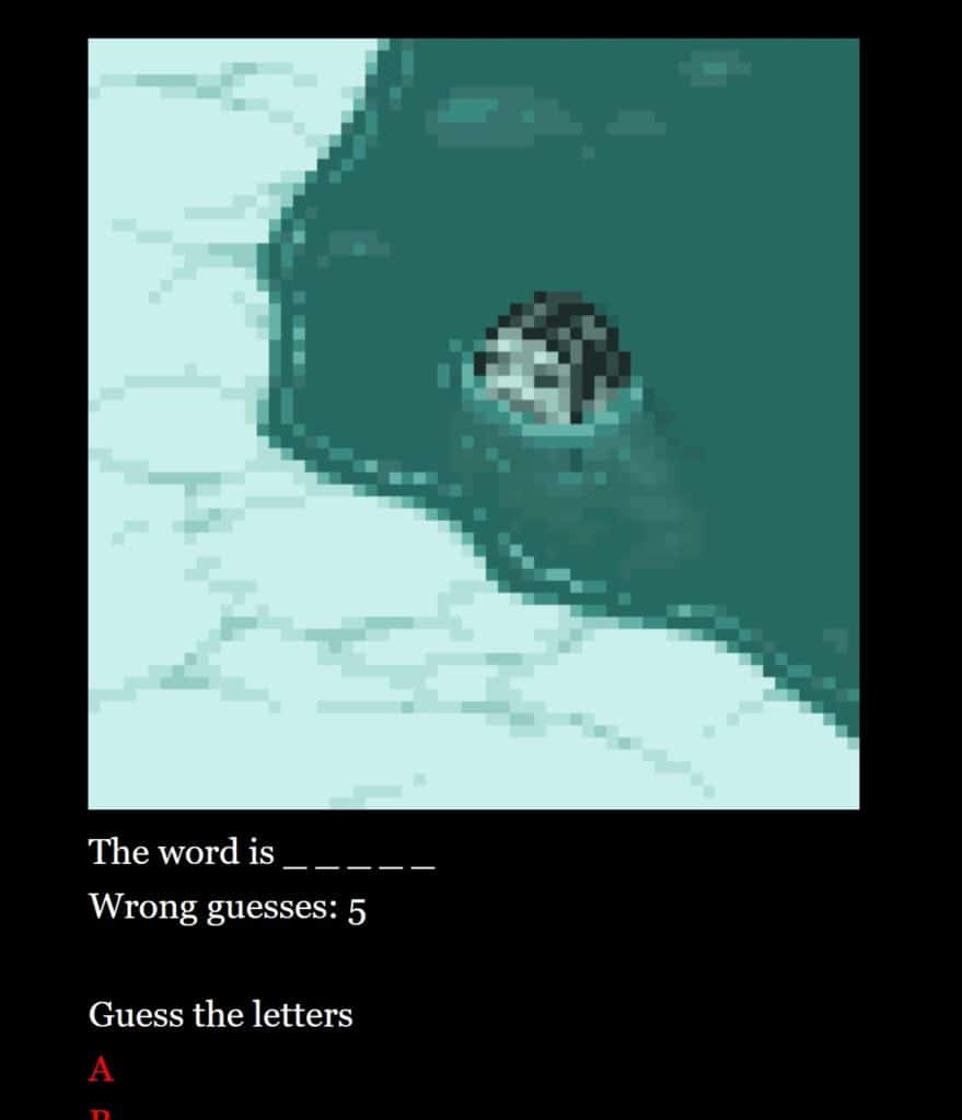 A preview of the word monster game, showing a monster from an Inuit myth and blank spaces for the mystery word below.
