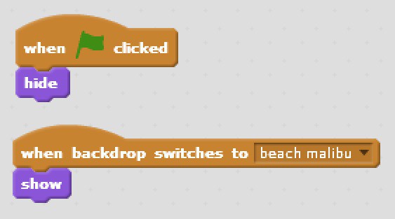 Scratch blocks used to hide the sprite when the green flag is clicked and show the sprite when the backdrop is changed.