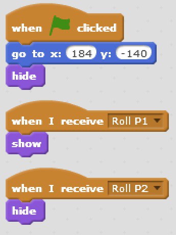 Scratch code blocks that show and hide the Player 1 roll button.