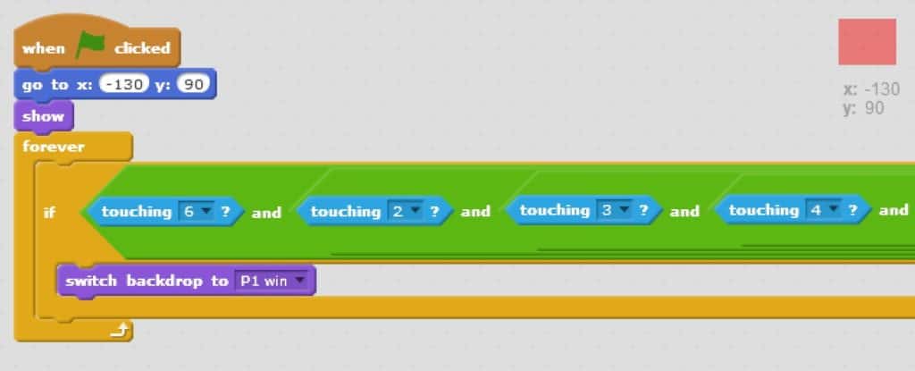 Scratch code blocks setting the starting location and show, and also adding an if loop with and operators within and operators.
