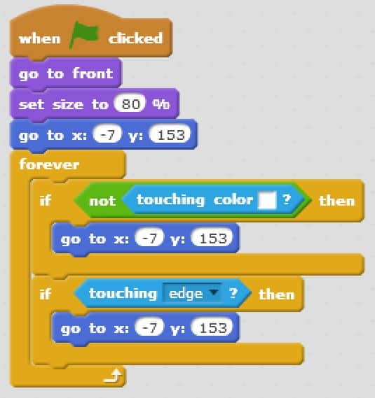 An if then block added to a block already added. The newly added if-then moves the boy sprite's positioning if he is touching the edge.